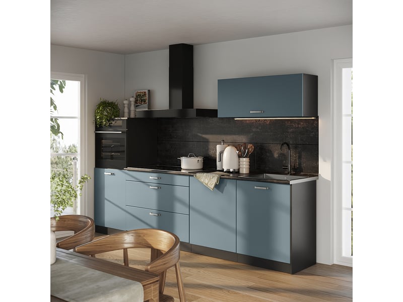  Vicco cuisine, bleu-grisanthracite, 280cm plan de travail chêne doré  - Conforama C