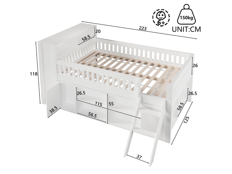 Lit mezzanine 120x200 cm blanc, avec rangements, étagères ouvertes, placard, led au chevet, échelle, sommier inclus, sans matelas  - Conforama C