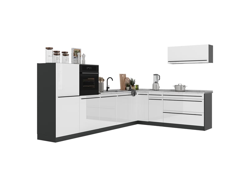 Vicco cuisine en angle, blanc haute brillanceanthracite, 327 x cm sans plan de travail - Conforama E