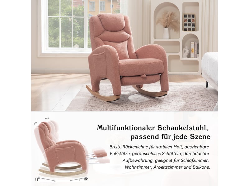  Fauteuil à bascule rose en tissu teddy avec accoudoirs et repose-pieds 110 kg  - Conforama W