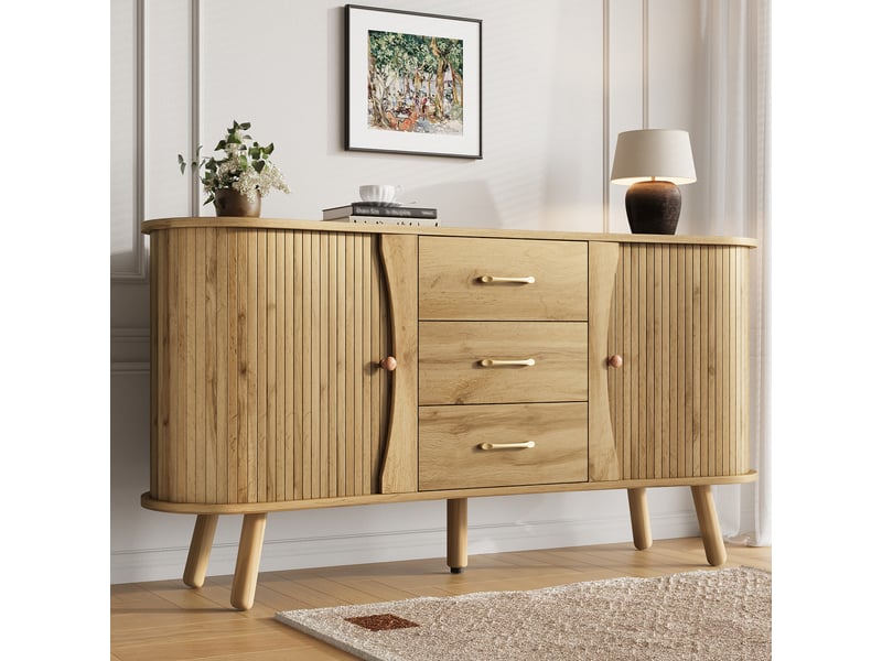 Buffet scandinave 2 portes coulissantes 3 tiroirs décor bois pieds massifs  - Conforama E