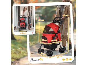 Poussette pliable pour enfent 67 x 45 x 96 cm - rouge - roues doubles, panier de rangement et freins arrière