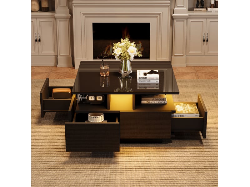  Table basse carrée 70 x 70 x 40 cm avec led, 4 tiroirs et rangement, noire  - Conforama E