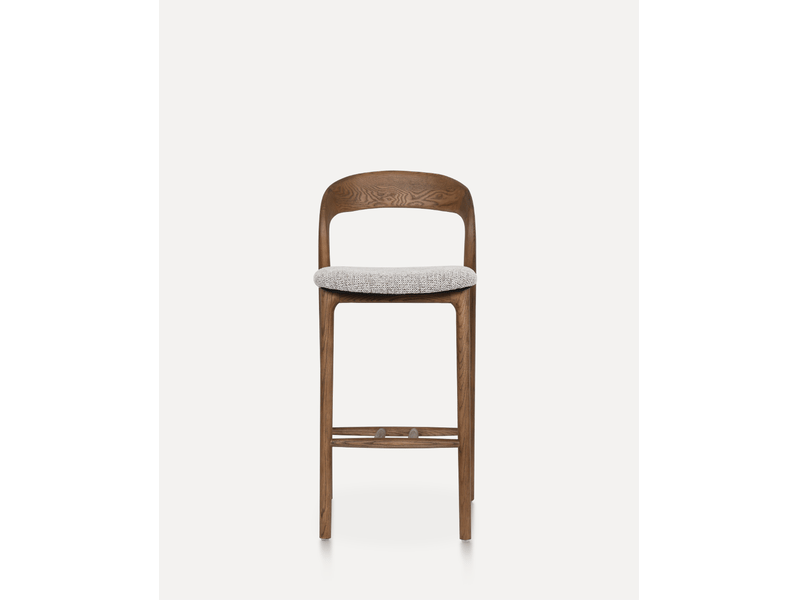 Tabouret de bar avec dossier incurvé, assise rembourrée et repose-pieds en bois et tissu noyer et gris clair - Conforama C