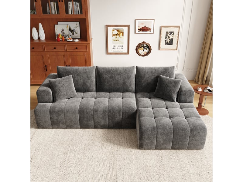  Canapé d’angle en l 3 places 244,5x136x79 cm modulable effet nuage sans structure, sans montage, assise profonde, mousse haute densité, chenille gris  - Conforama B