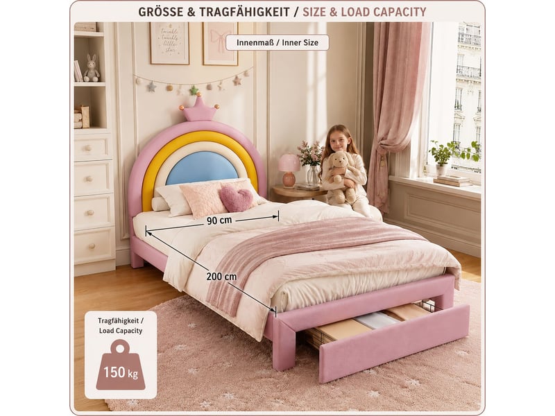  Lit rangement 90 x 200 cm lit simple rembourré rose tiroir en pied de lit tête de lit couronnée arc-en-ciel réglable en hauteur sur 2 positions revêtement pu facile d’entretien charge maximale 150 kg  - Conforama E