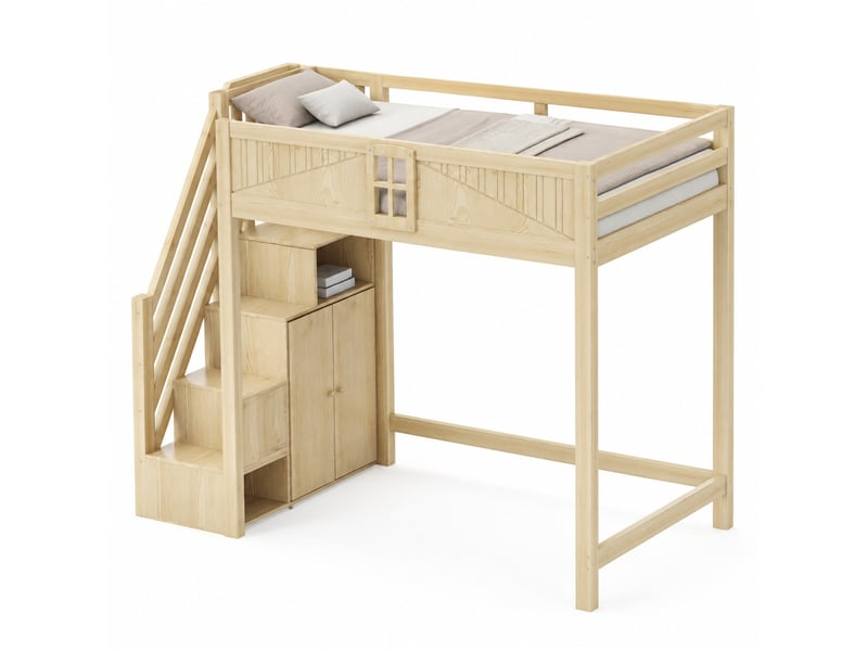  Lit mezzanine 90x200 cm avec rangement et échelle réversible en bois coloris naturel  - Conforama A