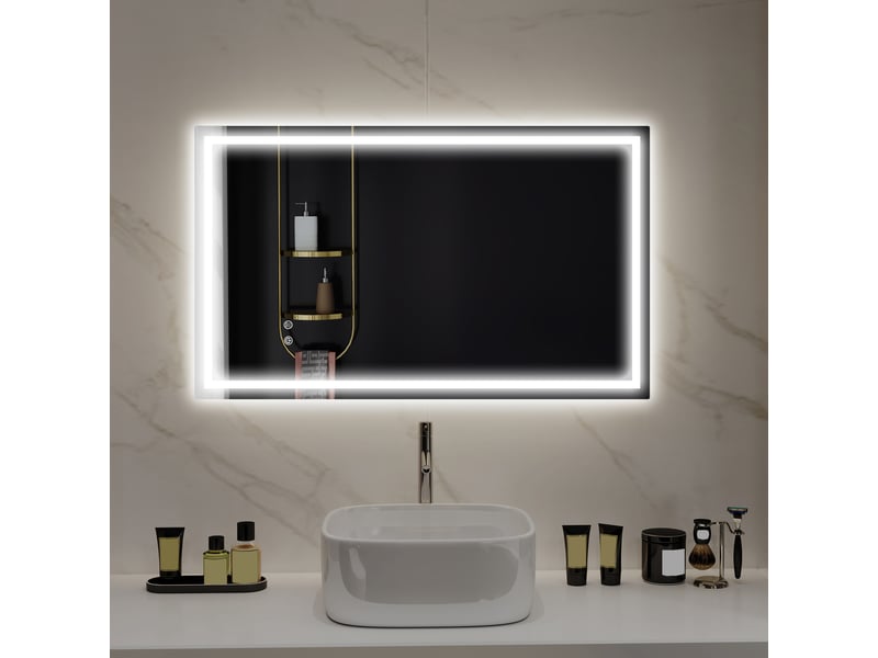  Miroir de salle de bain avec éclairage led réglable à 3 couleurs et revêtement antichoc, verre et métal, 100 x 3 x 60 cm  - Conforama D