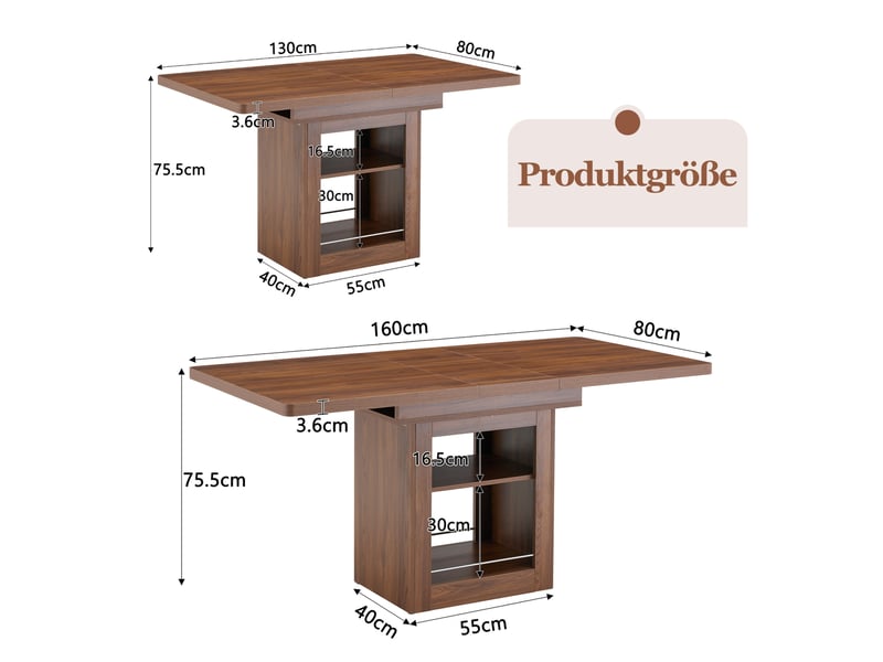 Table à manger extensible effet noyer avec étagère, table de cuisine gain de place pour 4 à 8 personnes - Conforama C