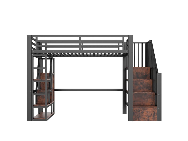  Lit mezzanine noir 90 × 200 cm, cadre métal, led, rangements, échelle et garde-corps  - Conforama A