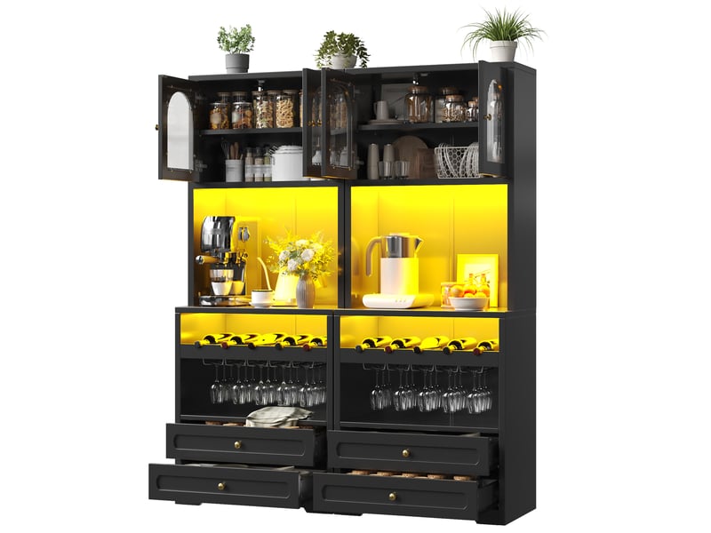  Lof 2 de buffet haut noir avec portes vitrées arquées, éclairage led par application et synchronisation musicale  - Conforama A