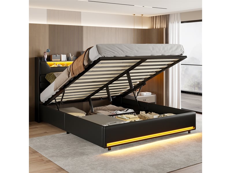  Lit 160x200cm - lit coffre 160x200cm - tête de lit avec led prises usb et sommier relevable - pu noir  - Conforama C