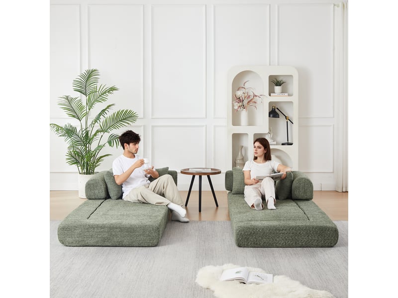  Canapé convertible 4-en-1 en tissu chenille vert, 4 configurations, sans montage, 4 coussins inclus, design modulable  - Conforama W