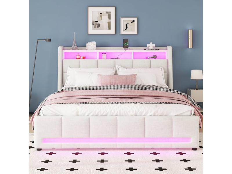  Lit capitonné, 140 x 200 cm, sans matelas, avec télécommande via application, éclairage led, tiroirs avec prises et ports usb, compartiment de rangement intégré, linge de lit, beige  - Conforama B