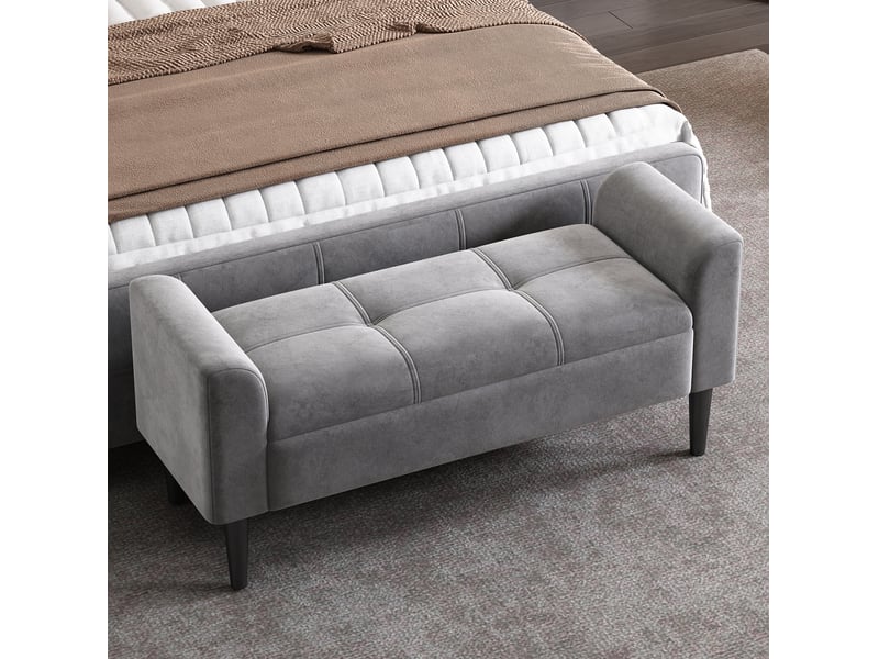  Banc rembourré 116 x 44 x 56 cm gris, velours et mdf, avec accoudoirs pour chambre ou salle à manger  - Conforama B