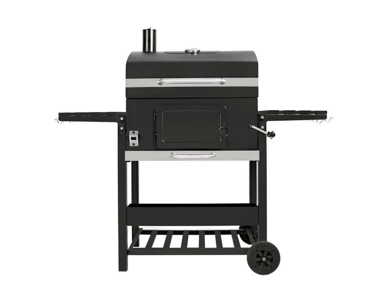  Barbecue fumoir xl au charbon sur chariot, cuisine extérieure jardin, acier inoxydable noir, 4 aérations, bac réglable, thermomètre, étagères, 217358 - Conforama A