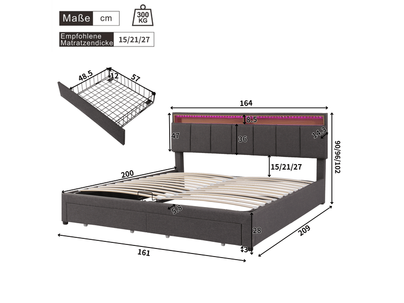  Lit coffre hydraulique 160x200 cm, lit 2 avec led et rangement, tête de lit rembourrée aspect lin, sommier à lattes - gris foncé (sans matelas)  - Conforama E