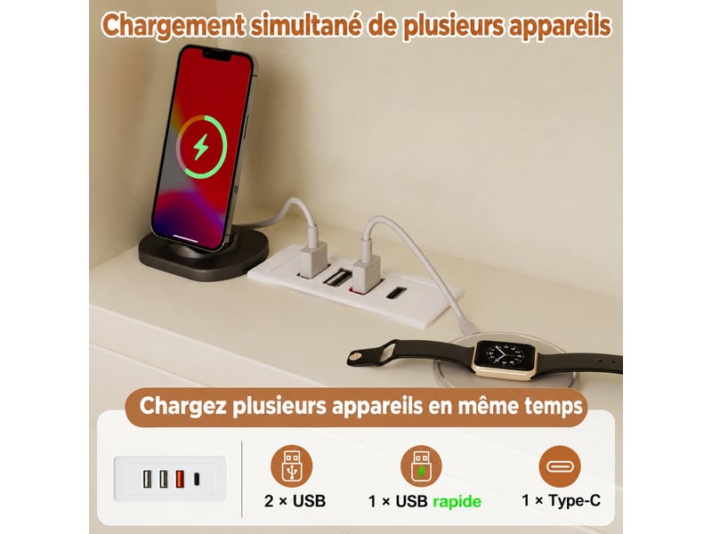 Lit gigogne 140x190 avec lit d'appoint 90x190, 8 niches, usb et type-c, blanc - Conforama D