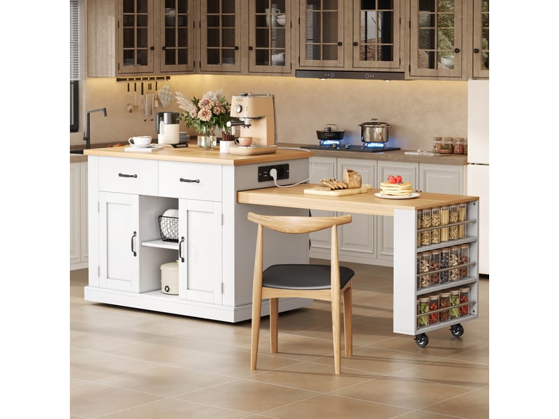 Îlot roulant extensible 132-235x60x93cm table escamotable bar coulissant 7 roulettes étagères réglables - Conforama B