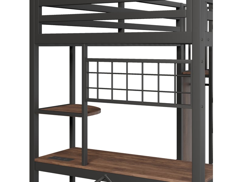  Lit mezzanine 90x200 cm, bureau avec usb, étagères et éclairage led, en métal, noir, sans matelas  - Conforama E