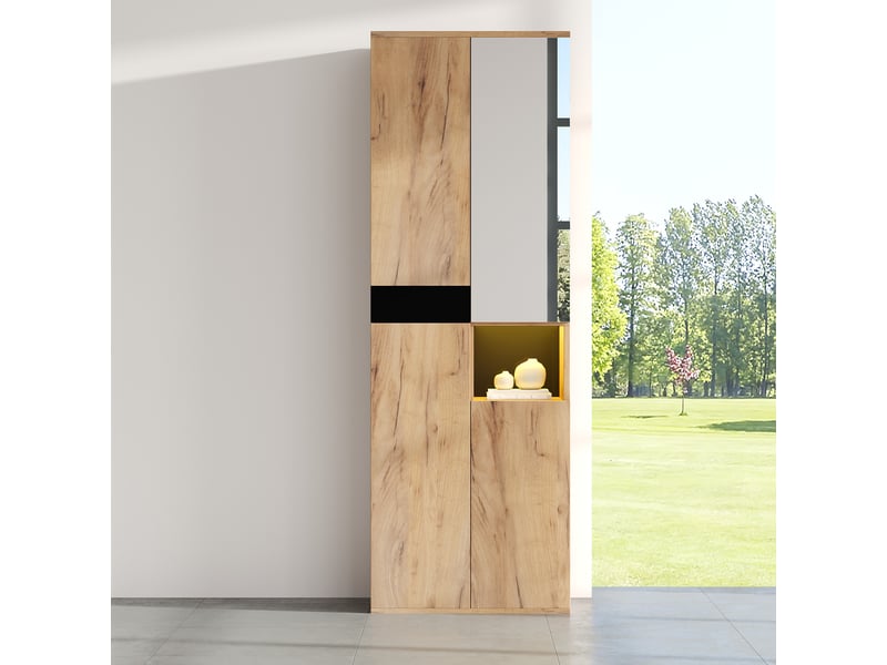  Armoire de rangement 4 portes, armoire haute avec miroir et niche ouverte pour salon ou entrée - noir et bois 65x35x190 cm  - Conforama D