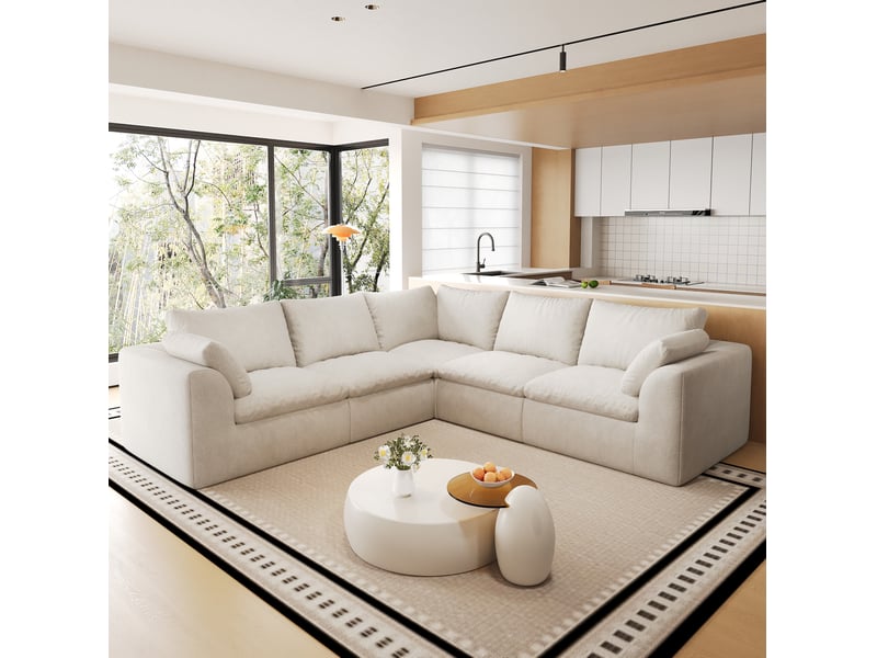 Canapé nuage en v 5 places 245x245x83 cm en tissu beige blanc - Conforama E