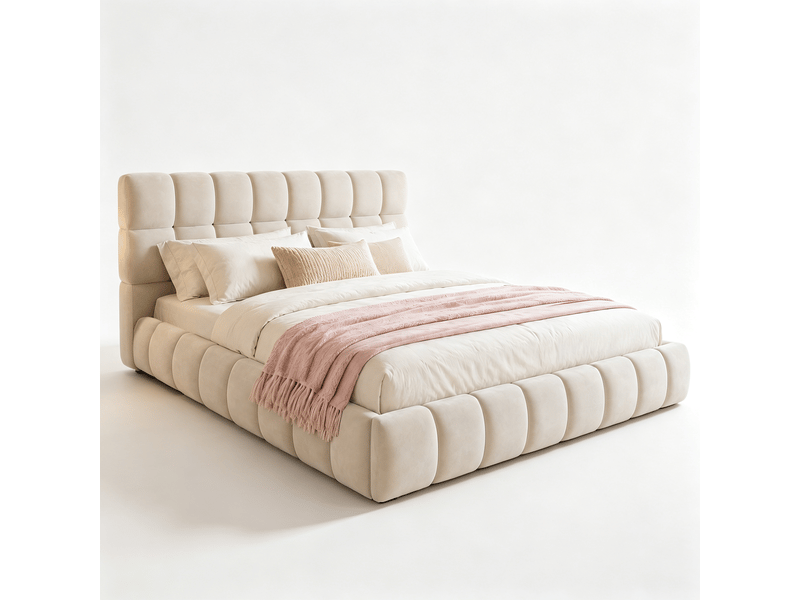 Lit double rembourré 140x190 cm, tête de lit et contours capitonnés, sommier à lattes, velours beige, sans matelas - Conforama A