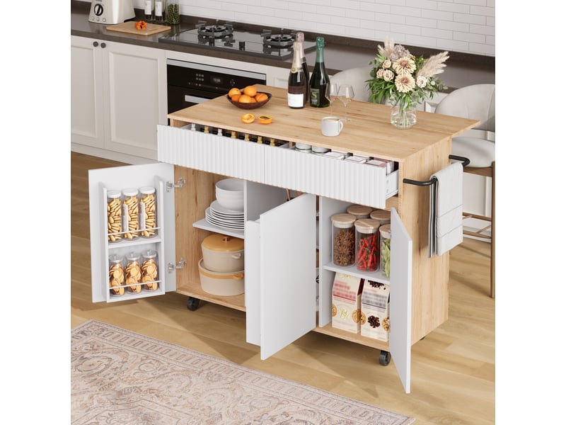 Îlot de cuisine mobile avec plateau rabattable, blanc et bois, 120 x 65 x 91 cm  - Conforama B