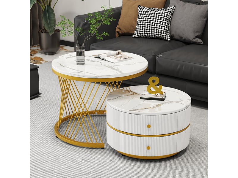  Table basse gigogne blanche lot de 2 tables basses rondes effet marbre avec 2 tiroirs  - Conforama C