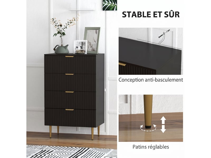  Commode 4 tiroirs commode chambre meuble de rangement moderne avec poignées et pieds dorés, noir, dim. 60 x 40 x 96 cm  - Conforama R