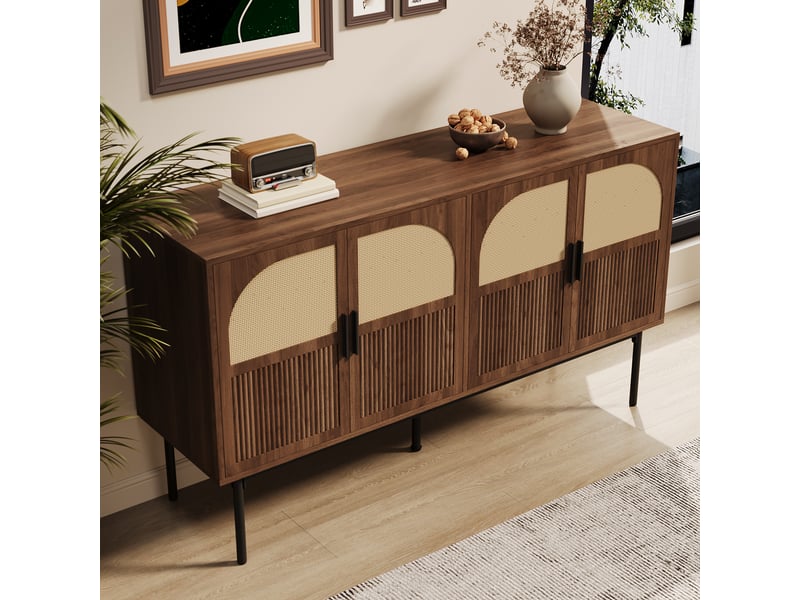  Buffet 4 portes à fermeture douce pour salon en mdf 140×40×80 cm finition noyer et rotin naturel  - Conforama B