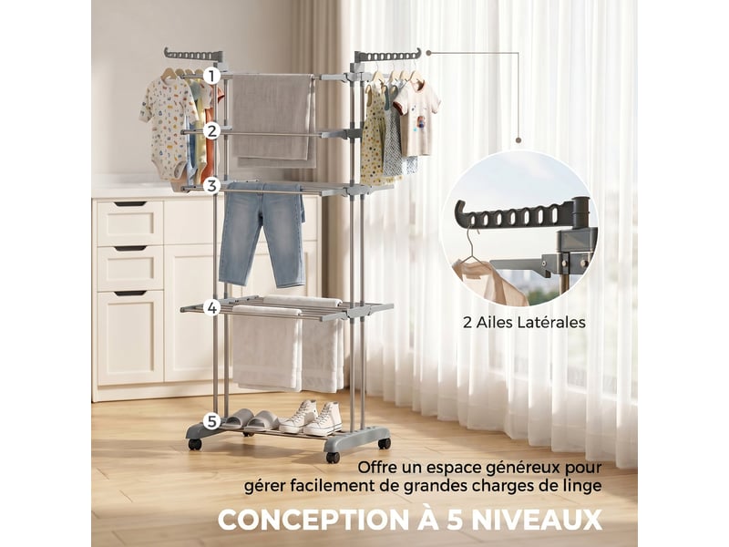  Séchoir à linge pliable 4 niveaux avec roulettes, étendoir linge intérieur avec ailes latérales, cadre en acier, gris  - Conforama D