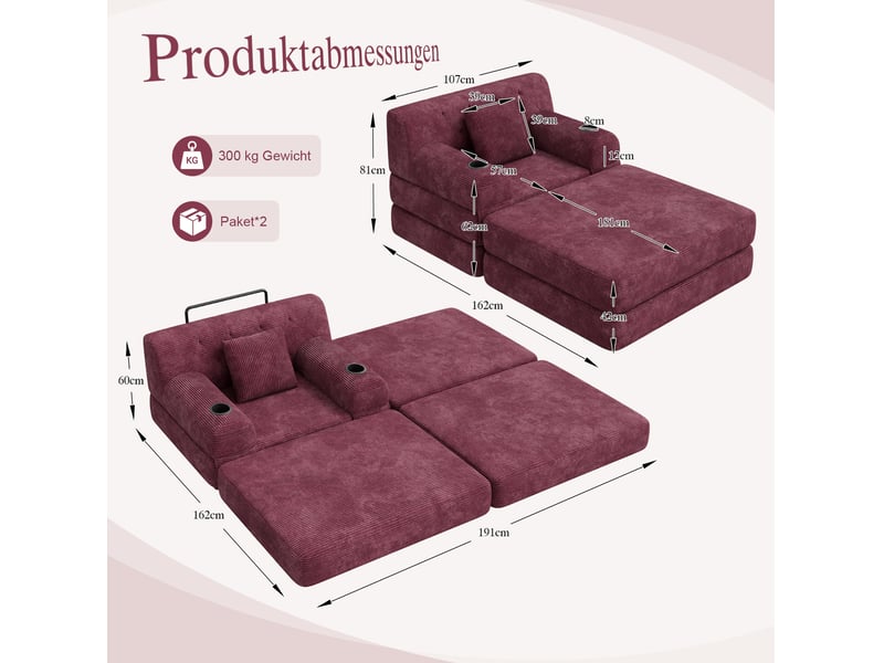  Canapé droit convertible 1 place en cord rouge vin, dossier haut, 2 porte-verres, 4 poches, sans montage  - Conforama C