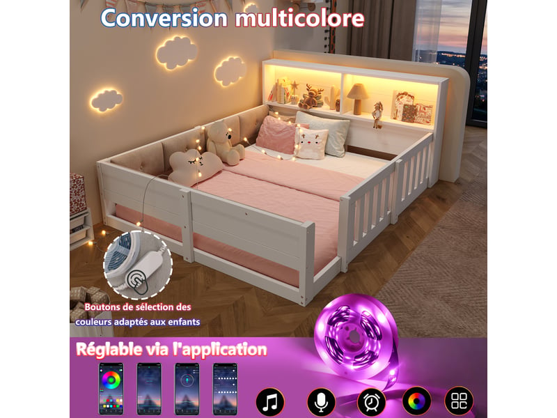  Lit enfant 140x200 cm avec barrières, côtés rembourrés, led, style minimaliste, blanc evarich - Conforama D