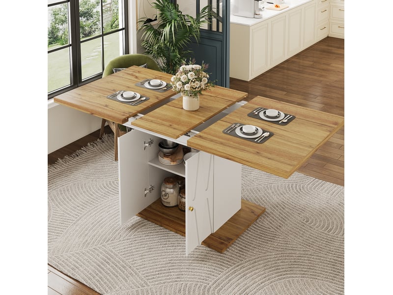  Table à manger extensible 110 à 140 cm blanche et bois clair, rangement intégré et décor relief élégant  - Conforama B