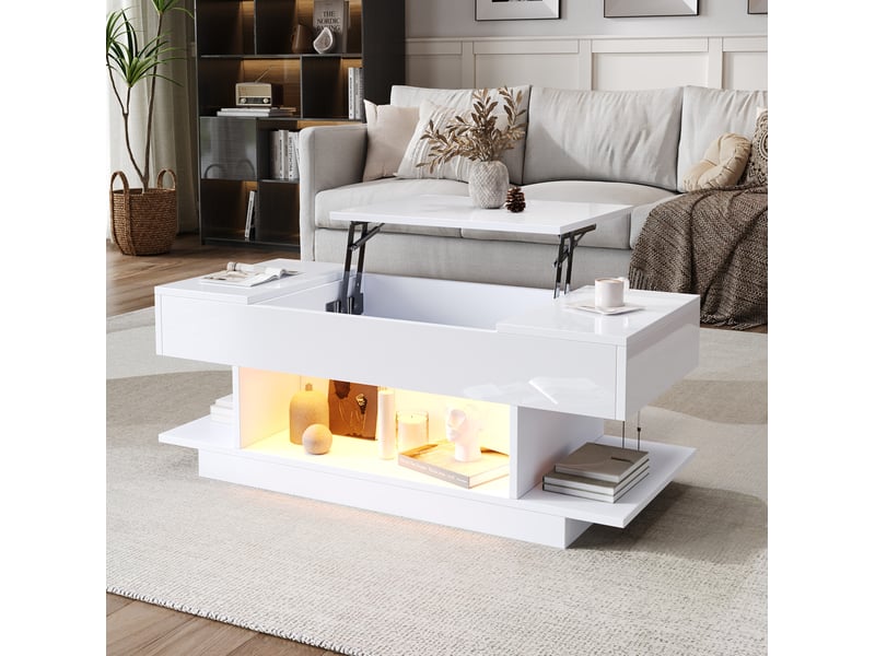 Table basse relevable 98x45x40 cm, led pilotable, rangements ouverts et fermés, panneau particules blanc  - Conforama R