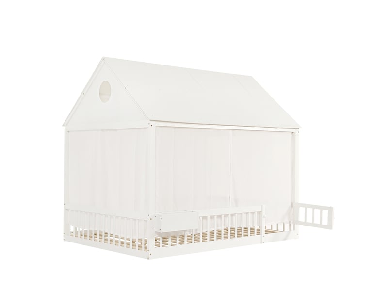  Lit simple enfant 140x200cm blanc, détails fenêtre et toit, petits éléments décoratifs et rangement  - Conforama A