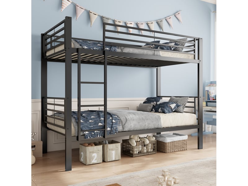  Lit superposé, 90x200 cm, échelle réversible, sommier à lattes, 2 lits simples, matelas non inclus, métal, coloris noir  - Conforama B