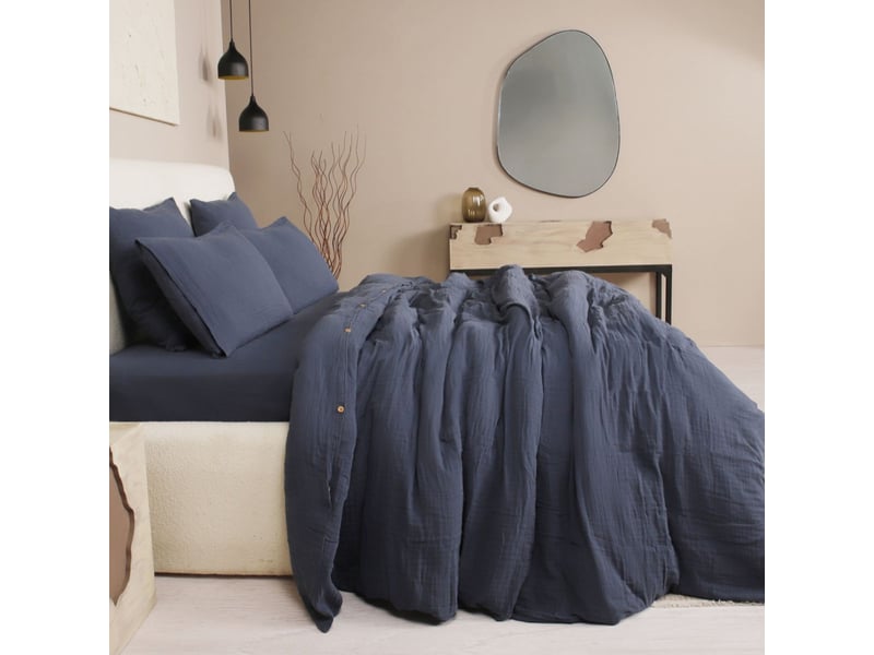  Parure housse de couette 260x240cm + 2 taies 100% gaze de coton lavée bleu pétrole - valma VALMA - Conforama B