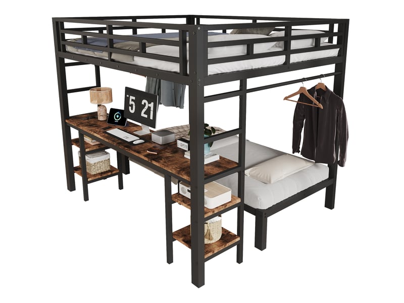 Lit superposé 140x200 cm et 90x200 cm avec bureau et penderie noir - Conforama A