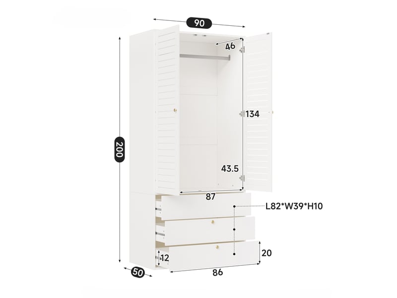  Armoire chambre 90x50x200 cm, penderie dressing avec 2 portes persiennes et 3 tiroirs, en panneau de particules style contemporain, blanc  - Conforama E