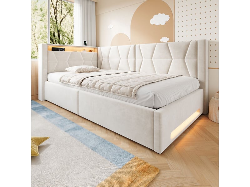  Lit rangement 90 x 200 cm rangement intégré revêtement velours éclairage led en tête et pied de lit ports usb et usb-c coffre hydraulique finition beige  - Conforama B
