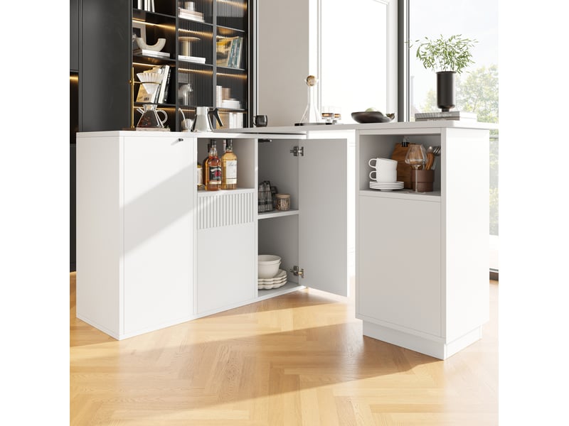 Îlot de cuisine rotatif 360° en mdf blanc avec rangement, 210 x 30 x 100,9 cm - Conforama E