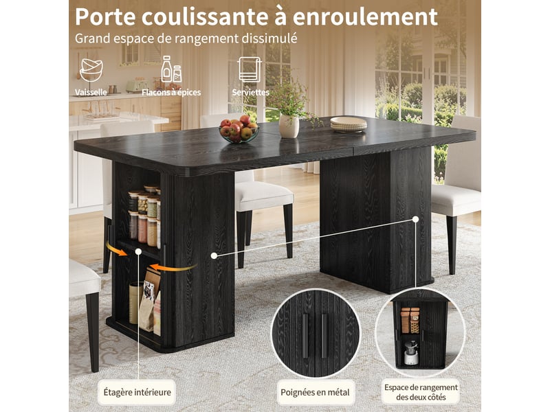  Table à manger extensible 140-180 x 80 x 75 cm avec 4 portes, rangements latéraux et étagères, mdf et métal, noir  - Conforama E