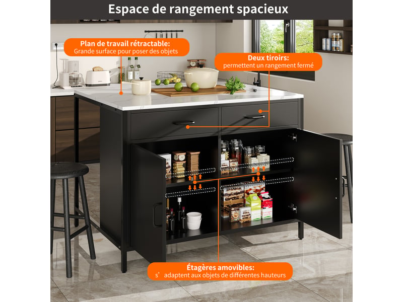  Table haute 100x90x90 cm, plateau motif marbre en mdf, 2 tiroirs et étagères réglables, pieds métal, noir  - Conforama R