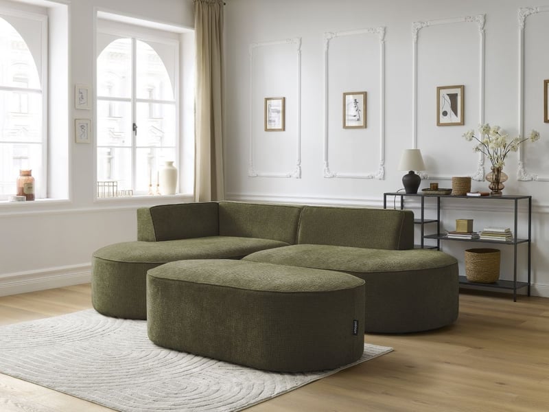  Bobochic canapé d'angle fixe rousseau tissu texturé avec pouf vert  angle gauche ROUSSEAU - Conforama C