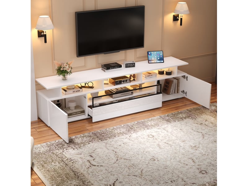  Meuble tv blanc 180 x 38 x 45 cm avec led, 2 placards, 1 tiroir et 10 espaces de rangement  - Conforama B