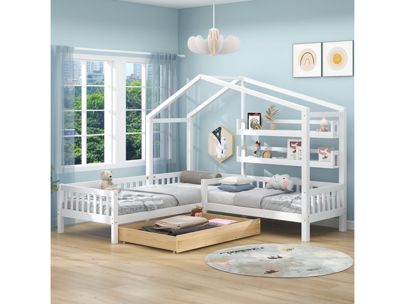  Lit cabane enfant 90x200 cm en bois massif blanc avec tiroir et étagères  - Conforama B