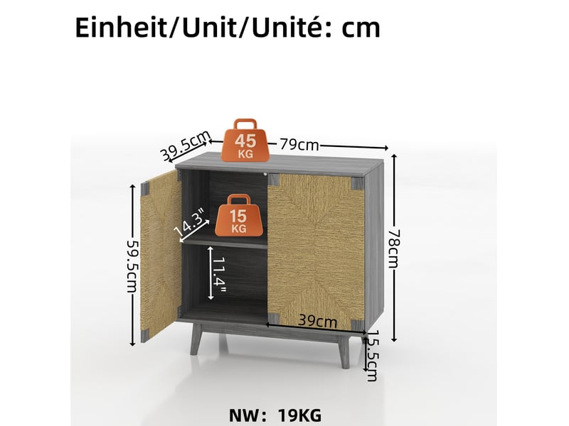  Buffet 2 portes 79x39.5x78 cm aspect frêne gris et papier tressé  - Conforama C