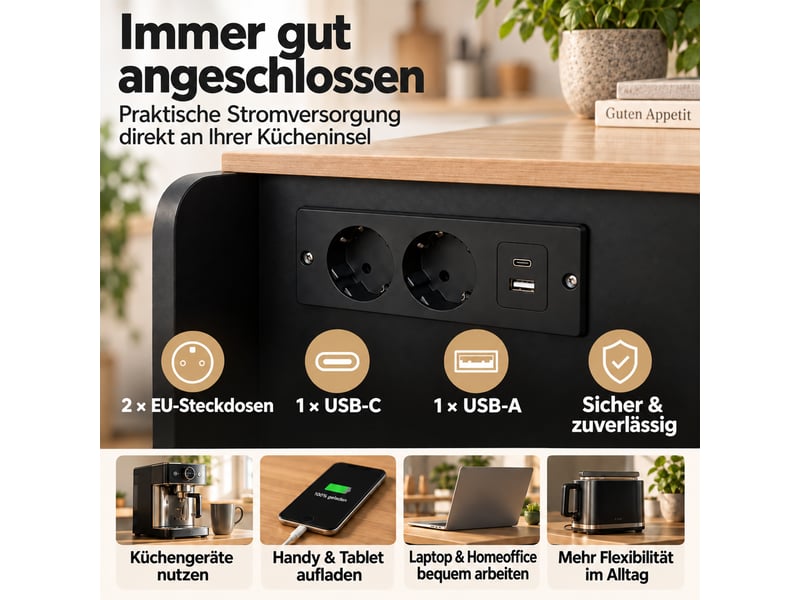 Îlot de cuisine extensible avec rangement et roulettes - lpospi - prises usb, panneaux de particules noir - Conforama E